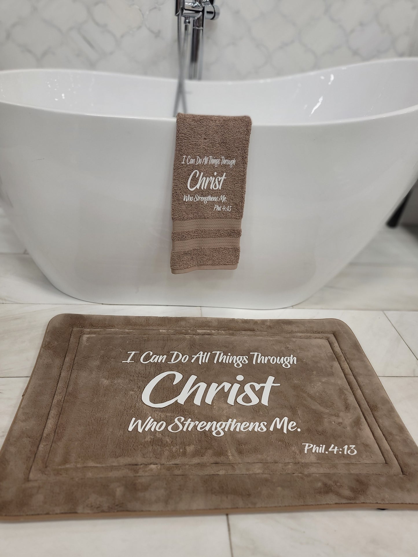 Bible Verse Scripture Memory Foam Bath Mat and Hand Towel Set I Can Do All Things...