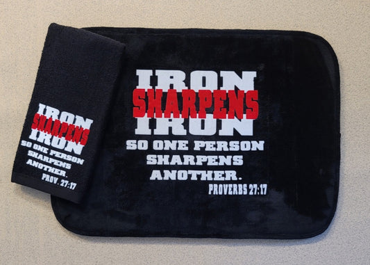 Bible Verse Scripture Memory Foam Bath Mat and Hand Towel Set Iron Sharpens Iron